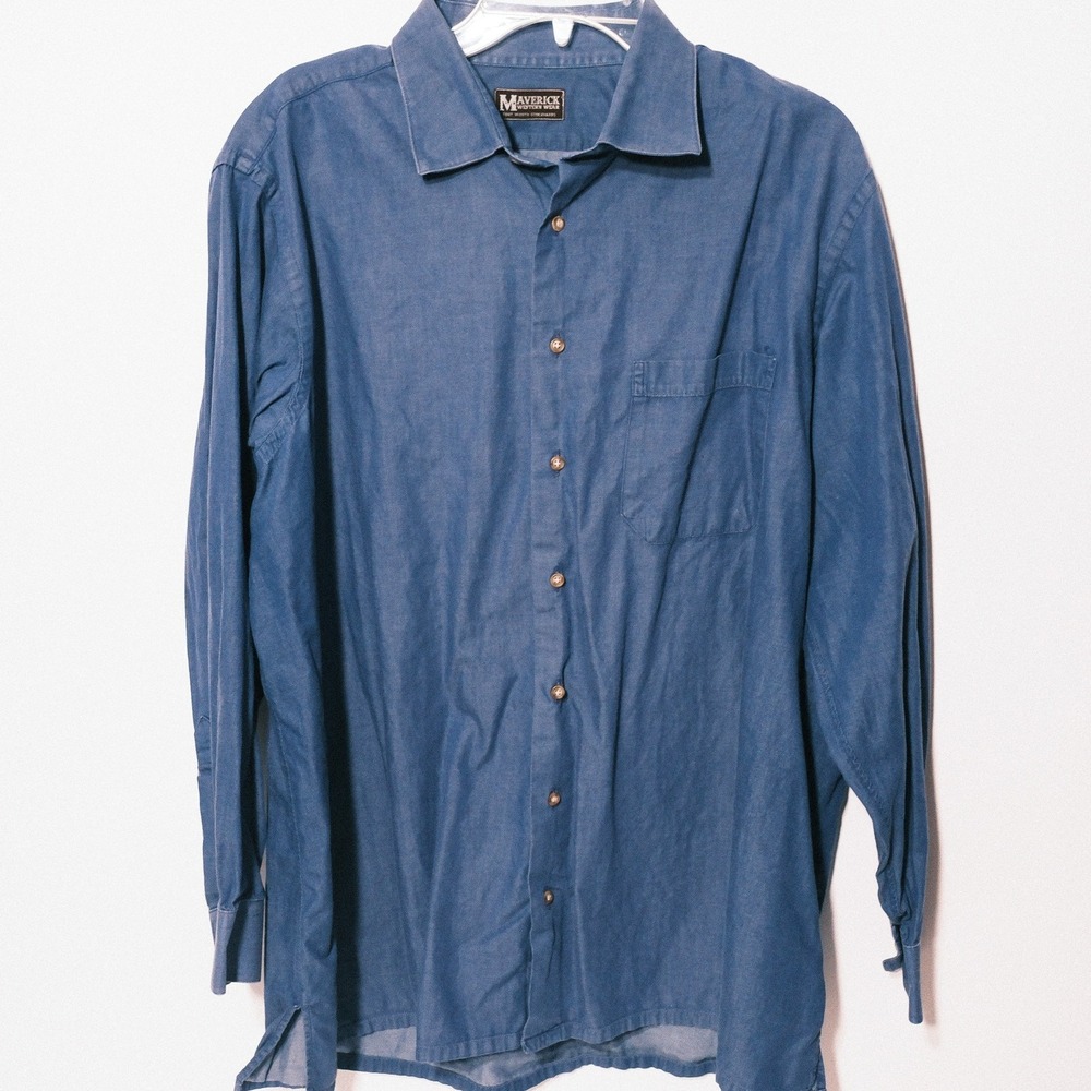 VTG Maverick Shirt Blue Chambray Button Up Size 2XL Western Wear Fort Worth USA